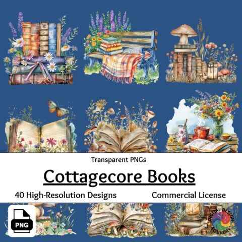 40 Watercolor Cottagecore Book Clipart PNGs Transparent Background Bookworm, Reading Nook Decor