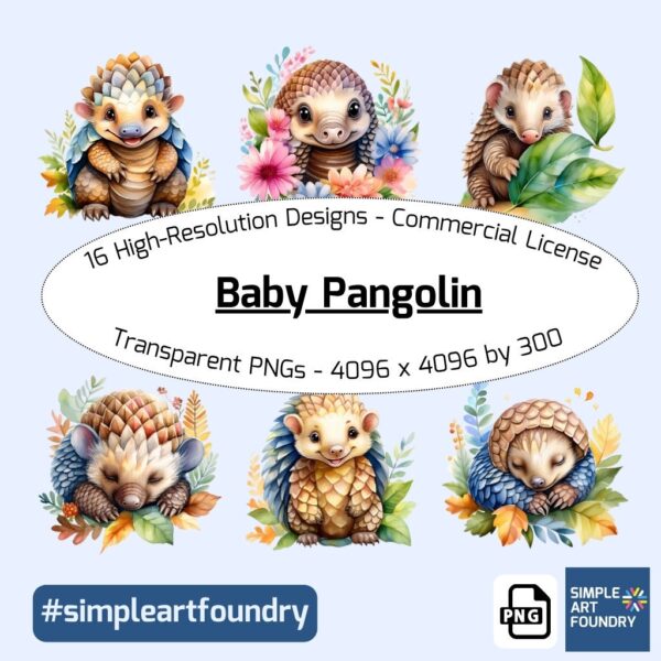 Adorable Baby Pangolin Clipart – 16 Watercolor Pangolin Illustrations – Perfect for Scrapbooking, DIY Crafts, Nursery Decor, Wall Art