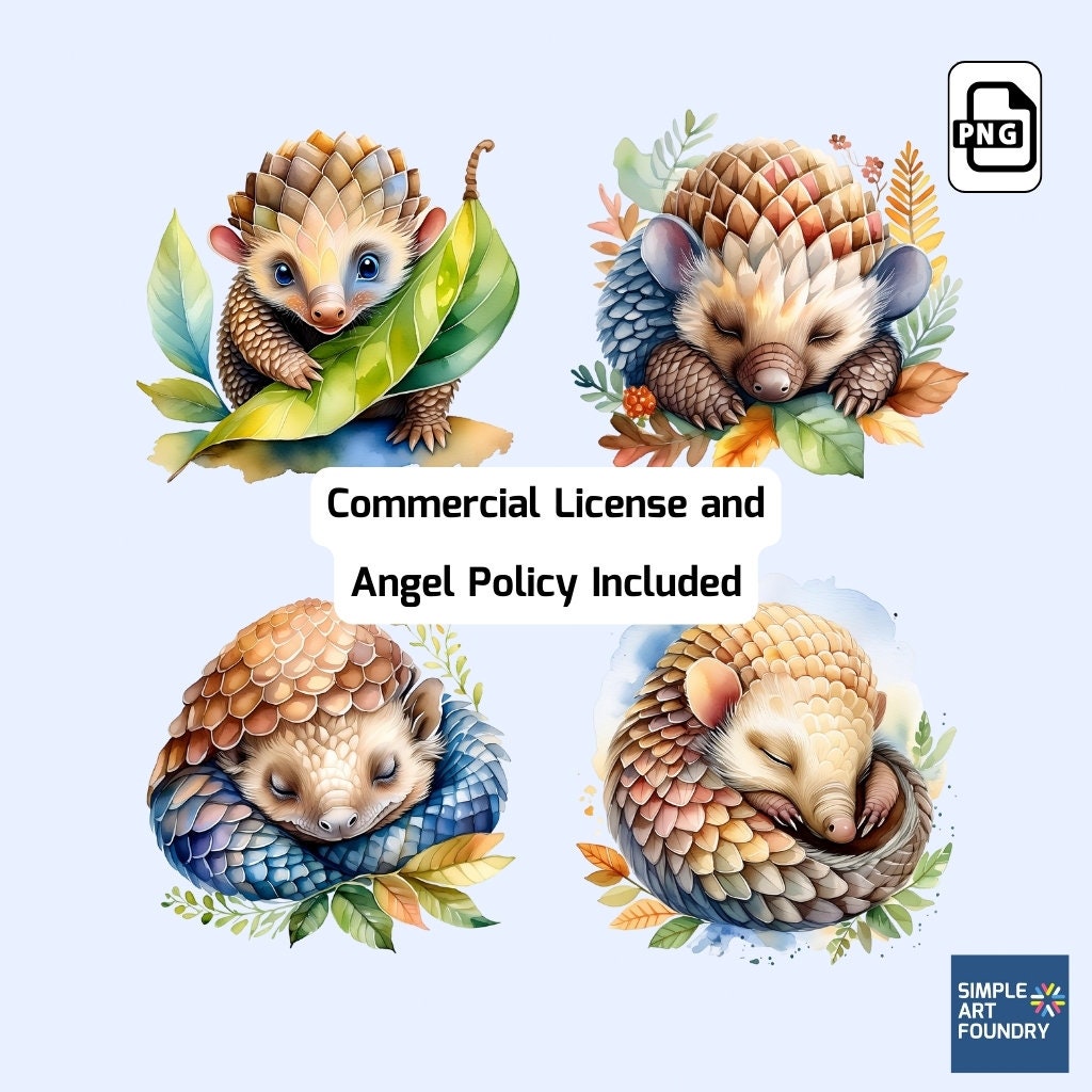 Adorable Baby Pangolin Clipart – 16 Watercolor Pangolin Illustrations – Perfect for Scrapbooking, DIY Crafts, Nursery Decor, Wall Art