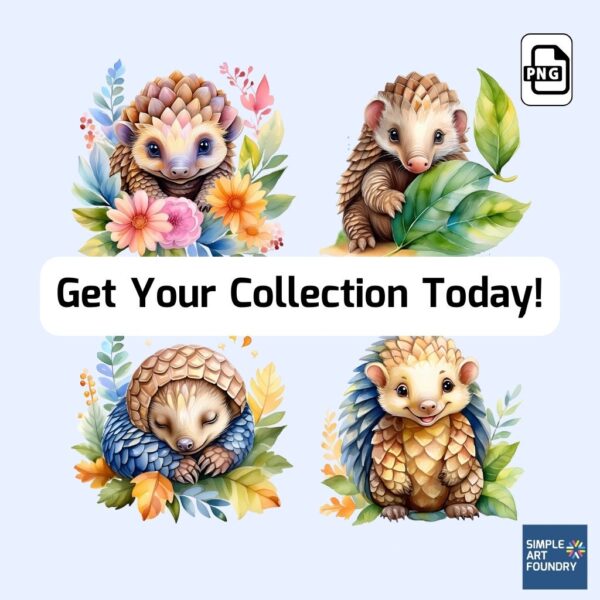 Adorable Baby Pangolin Clipart – 16 Watercolor Pangolin Illustrations – Perfect for Scrapbooking, DIY Crafts, Nursery Decor, Wall Art