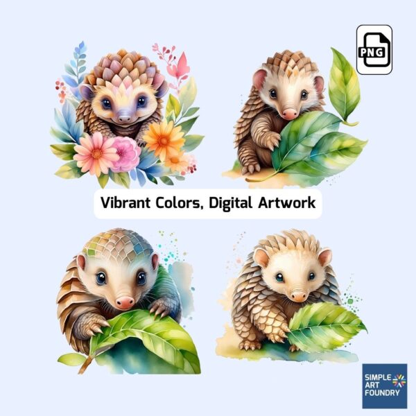 Adorable Baby Pangolin Clipart – 16 Watercolor Pangolin Illustrations – Perfect for Scrapbooking, DIY Crafts, Nursery Decor, Wall Art